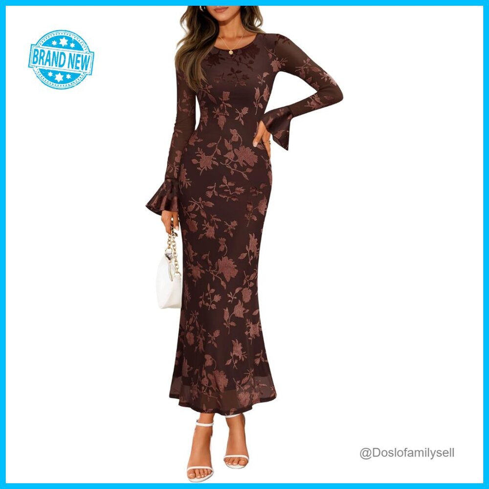 Bell Sleeve Floral Maxi Dress Bodycon Mesh Wedding Guest Cocktail Party